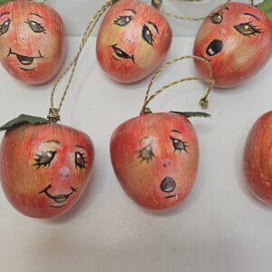 Cute Anthropomorphic Apple Face Hand Painted Ornaments  lot of 6